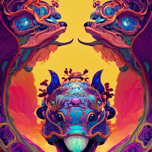 Image similar to a beautiful hyperdetailed character design 4 k wallpaper illustration of a cute dolphin with a chinese lion dance head victo ngai cyberpunk style, from china, style of studio ghibli, makoto shinkai, raphael lacoste, louis comfort tiffany, artgerm, james jean, ross tran, chinese style