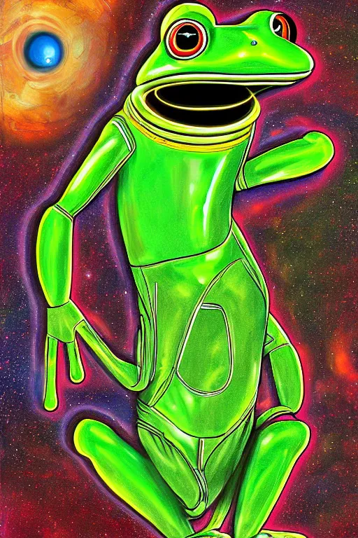 Prompt: long shot, frog wearing a complex astronaut suit in the style of 2001 a space odyssey, digital art, ultra realistic, ultra detailed, art by Randy Bishop, hyperdetailed