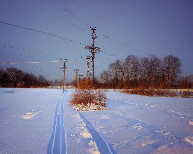 Image similar to a field covered in snow with power lines above it, a photo by kazys varnelis, featured on flickr, ecological art, photo taken with provia, matte photo, photo, at dawn