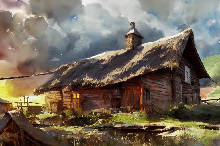 Prompt: paint brush strokes, abstract watercolor painting of rustic village house, medieval straw roof, scandinavian viking age, ambient lighting, art by hans dahl, by jesper ejsing, art by anders zorn, wonderful masterpiece by greg rutkowski, cinematic light, american romanticism by greg manchess, creation by tyler edlin