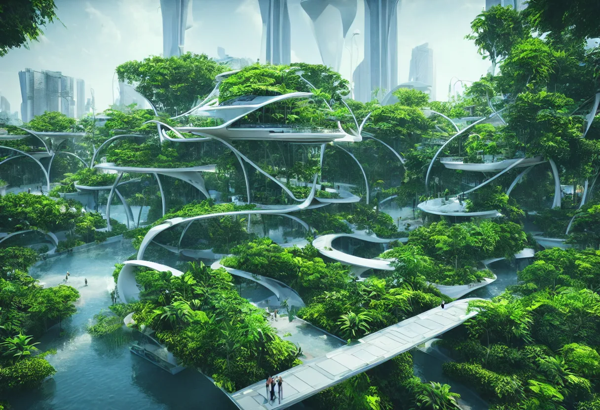 Image similar to futuristic architecture by norman foster, multi storey, connecting bridges, covered in lush foliage, surreal, ethereal bohemian garden, middle of gardens, cinematic shot, central square water feature, building inside the water, unreal engine, photorealistic, octane render