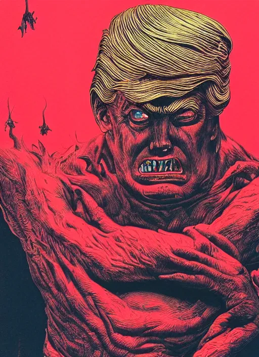 Image similar to risograph of donald trump's grotesque true form revealed, horror, high details, intricate details, by vincent di fate, artgerm julie bell beeple, 1 9 8 0 s, inking, vintage 8 0 s print, screen print