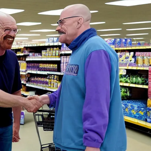 Prompt: walter white shaking hands with thanos at a walmart,