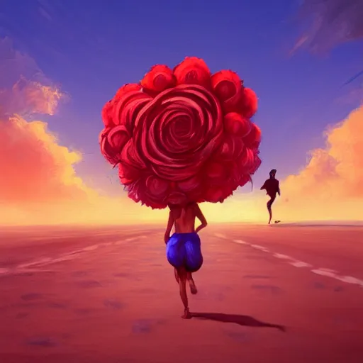 Image similar to portrait, giant rose flower head, woman running at the beach, surreal photography, sunrise, blue sky, dramatic light, impressionist painting, digital painting, artstation, simon stalenhag