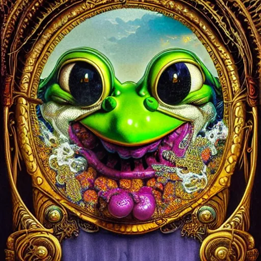 Prompt: ' clown with frog head ', visionary insanely detailed intricate and beautiful stunning winning art, trending top art, masterpiece by arthur adams, thomas kinkade, igor zenin, gilbert williams, bruce pennington, martin johnson heade, andreas franke, andreas achenbach, yoshitaka amano, guy billout, artur bordello, michael cheval