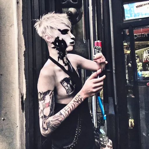 Image similar to androgynous punk smoking cigarette outside bar, photo iphone