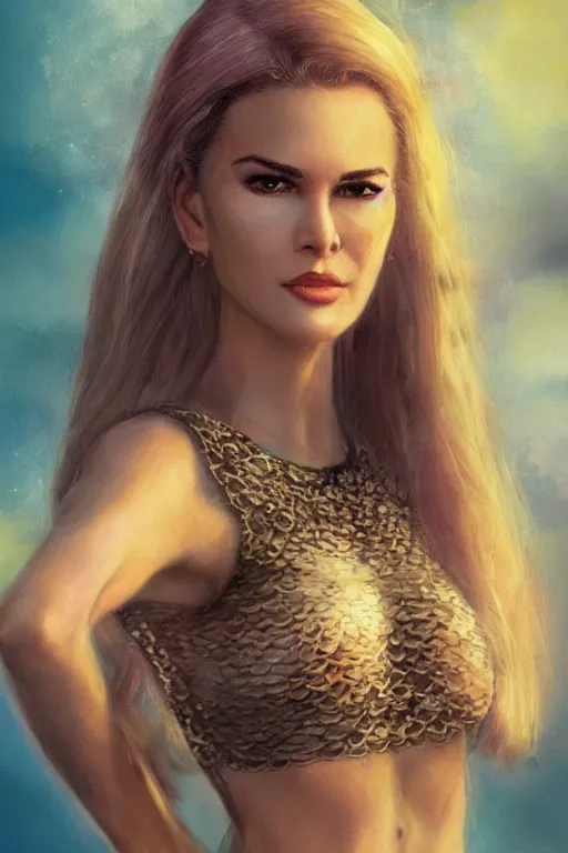 Image similar to mix of beautiful young maria shriver, mariel hemmingway, brooke shields, nicole kidman and elle macpherson as a mermaid, thin lips, hair tied up in a pony tail, darke blonde hair, colorful, artstation, cgsociety