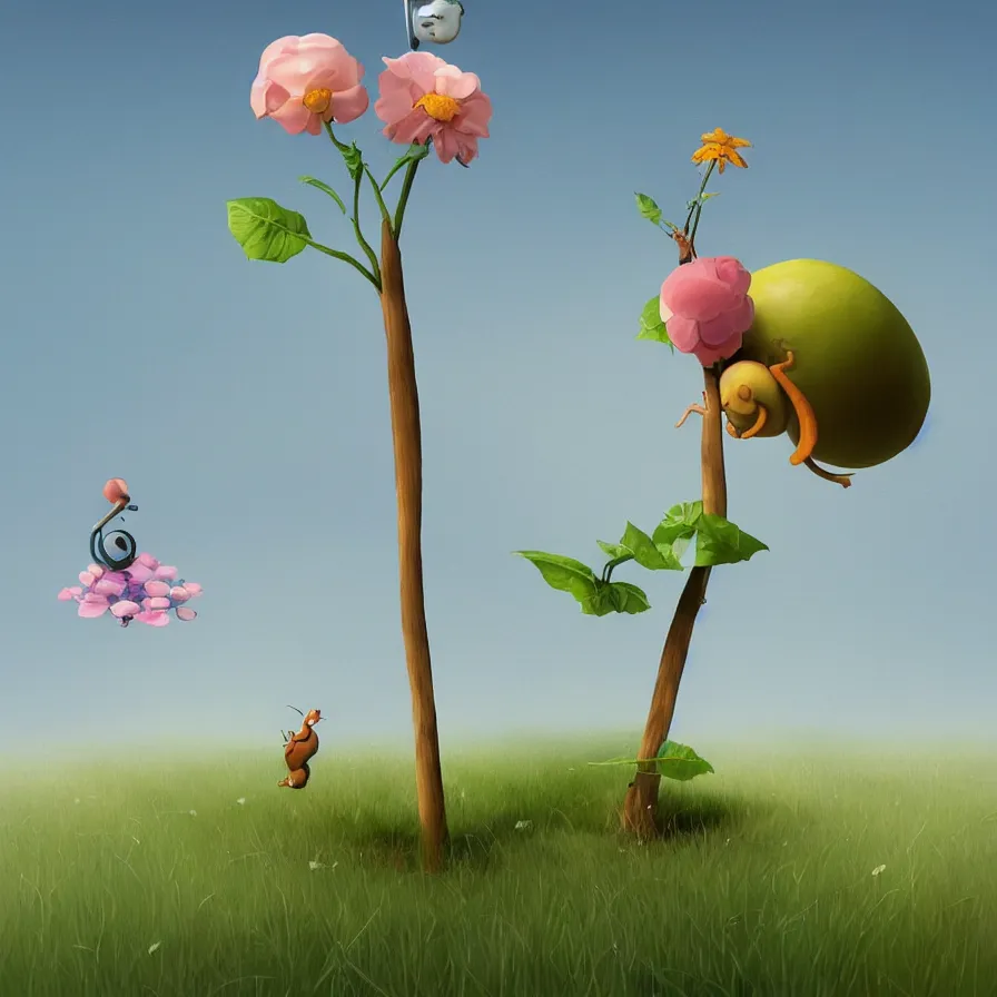 Image similar to Side view of a snail climbing up the pole of the tallest flower in the field, art by Goro Fujita, ilustration, concept art, sharp focus, ArtStation and deviantart