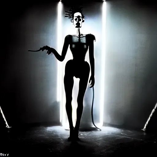 Image similar to cinematic portrait of model kristen mcmenamy as bride of frankenstein as a replicant in a busy nightclub, frightened and angry, still from the movie ex machina, fashion photography, a neon sign is in the background