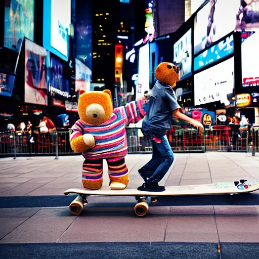 Image similar to skateboard teddy bear skateboarding in time square, bokeh, hyper realistic, street photography