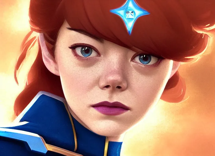 Image similar to a disney film still of emma stone as a star trek officer, finely detailed features, closeup of the face, perfect art, dusk, blue hour, gapmoe yandere grimdark, trending on pixiv fanbox, painted by greg rutkowski, makoto shinkai, takashi takeuchi, alphonse mucha, akihiko yoshida