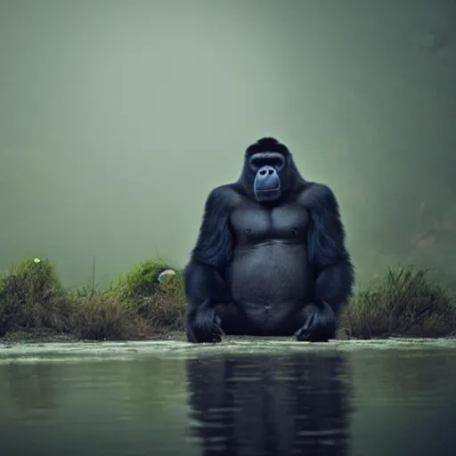 Image similar to a gorilla doing meditation in a mystical landscape, beautiful, misty