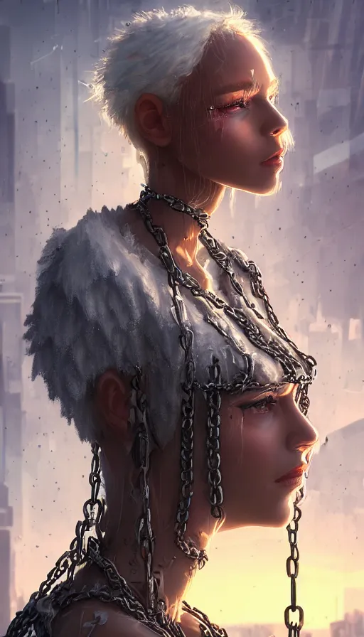 Prompt: a sad portrait of an angel blocked by chains in a abandoned futuristic city covered by vegeration, sunset, bright light, hyperdetailed, artstation, cgsociety, 8 k