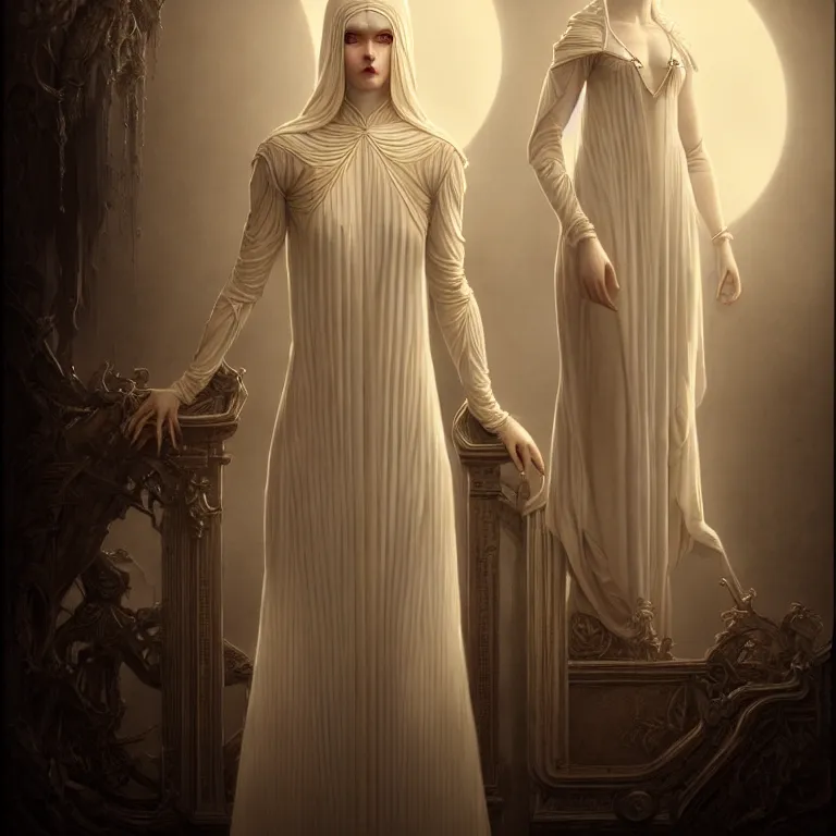 Prompt: alone with herself wonderful symmetrical woman albino goddess with a wonderful face with a beautiful porcelain symmetrical body dressed with a majestic semi transparent cream long cotton dress, hightly ornate, intricate, detailed, dramatic light, award winning, octane render, tom bagshaw style