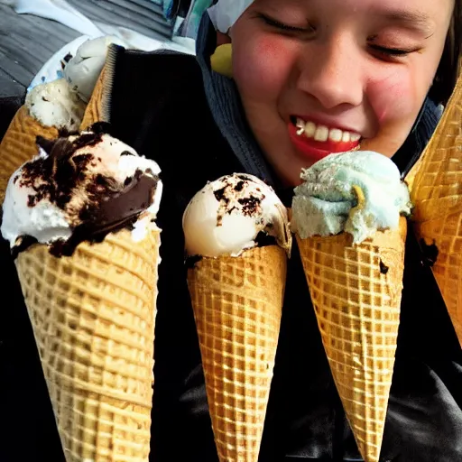 Prompt: a photo of the victim, riddled with deadly ice cream cones.