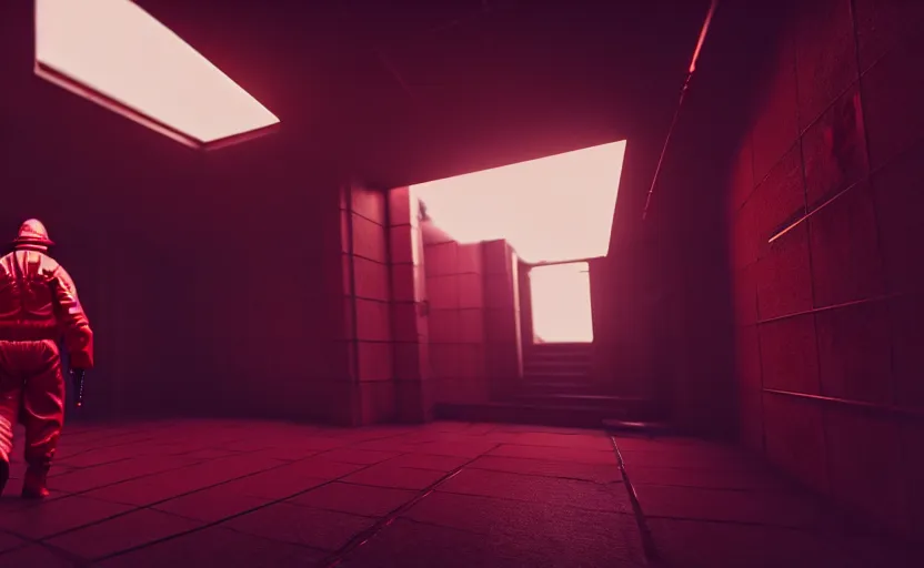 Image similar to in-game screenshot of a dark red hazmat scientist holding a gun walking on unreal engine 5, in a liminal underground garden, photorealistic, octane render, retrofuturism, brutalism, staggered terraces, minimalist