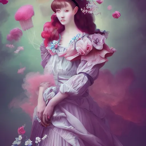 Prompt: 8 k, octane render, realism, tonalism, renaissance, rococo, baroque, portrait of a young - lady wearing long manga dress with flowers and skulls, cotton candy!! ( background chaotic flowers )