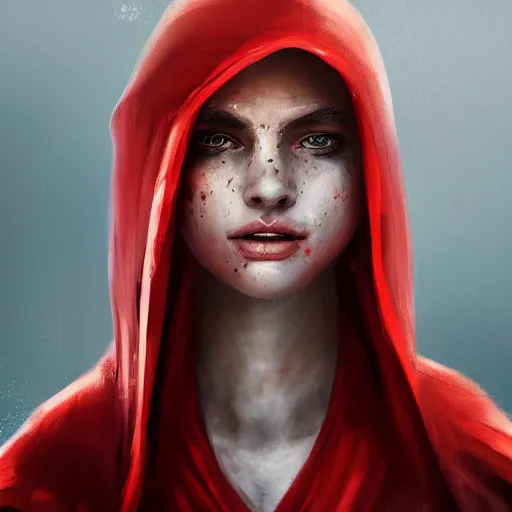 Image similar to epic portrait an woman wearing white blouse with short sleeves and a red cape with a hood on, pretty face, beauty, freckles, glossy skin, bun hair, glowing eyes, digital painting, artstation, concept art, soft light, hdri, smooth, sharp focus, illustration, fantasy, intricate, elegant, highly detailed, D&D, matte painting, in the style of Greg Rutkowski and Alphonse Mucha and artemisia, 8k, highly detailed, jurgens, rutkowski, bouguereau, pastoral, rustic, georgic