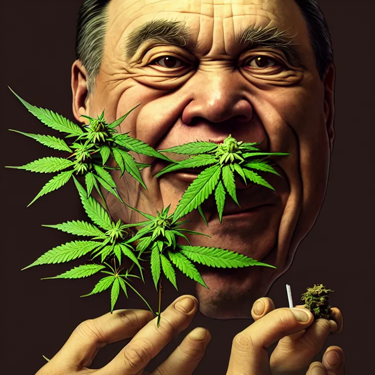 Image similar to a portrait of evil cannabis plant smoking premier francois legault illustrated by miyazaki by karol bak, james jean, tom bagshaw, rococo, sharp focus, trending on artstation, cinematic lighting, hyper realism, octane render, 8 k, hyper detailed, vivid, ultra detailed, highly detailed