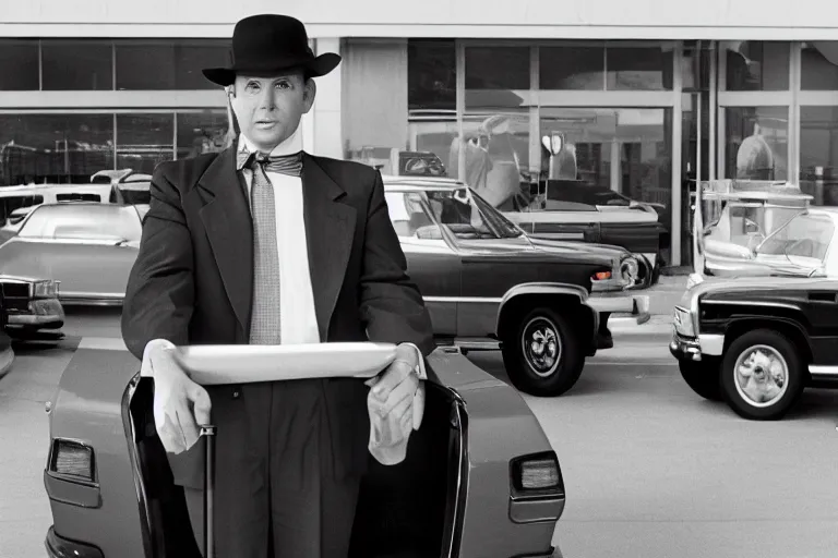 Image similar to cinematic still of portly clean-shaven white man wearing suit and necktie and boater hat at car dealership in 1994 film, XF IQ4, f/1.4, ISO 200, 1/160s, 8K, RAW, dramatic lighting, symmetrical balance, in-frame