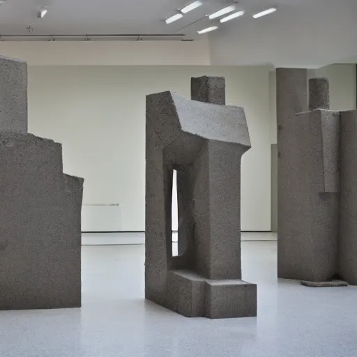 Image similar to sculptures in a brutalist museum