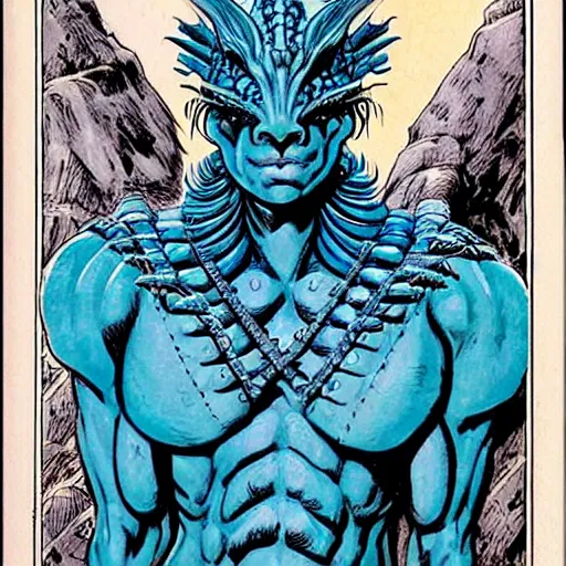 Image similar to head and shoulders portrait of a medieval d & d fantasy anthropomorphic blue dragon - headed - human hybrid with electrcity magic, comic book cover art photo by phil noto, frank miller, hr giger