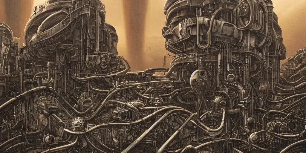 Image similar to a neverending non - euclidean factory in a bleak martian landscape, dieselpunk by hr giger