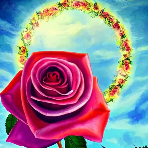 Image similar to ring of giant rose petals, fantasy art, sky in the background, detailed, behrens style