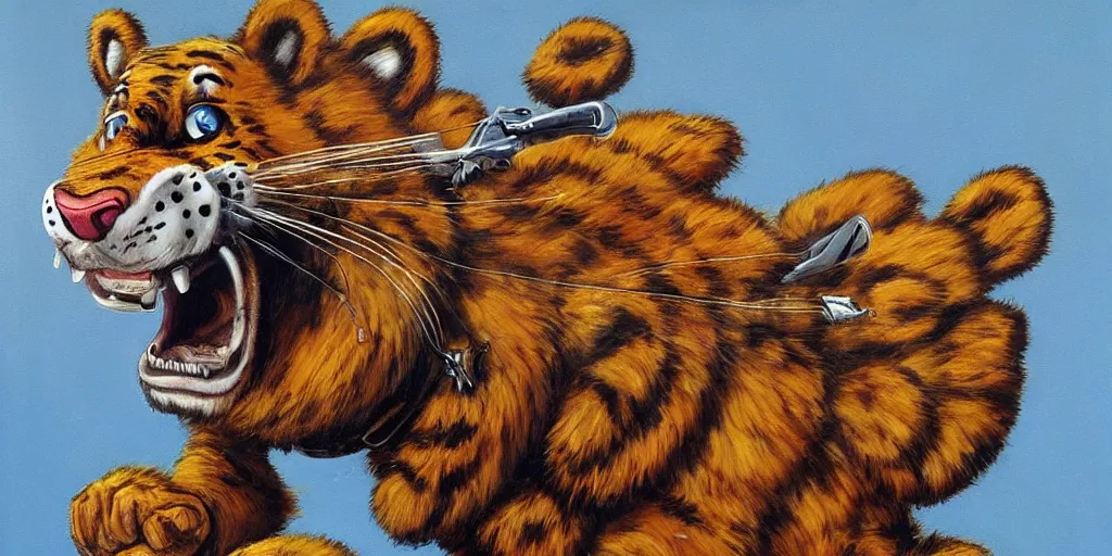 Prompt: tony the tiger riding a motorcycle, highly detailed fur, painted by salidor dali