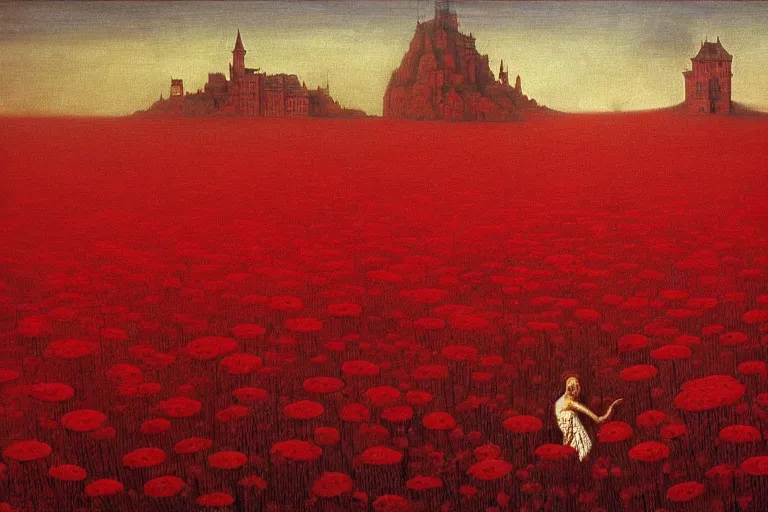 Image similar to only with red, red flowers of different types, a red tiger, a castle in the background, medieval demons dance over the flowers, an ancient path, in the style of beksinski, part by hopper, part by rodcenko, part by hofbauer, intricate composition, red by caravaggio, insanely quality, highly detailed, masterpiece, red light, artstation