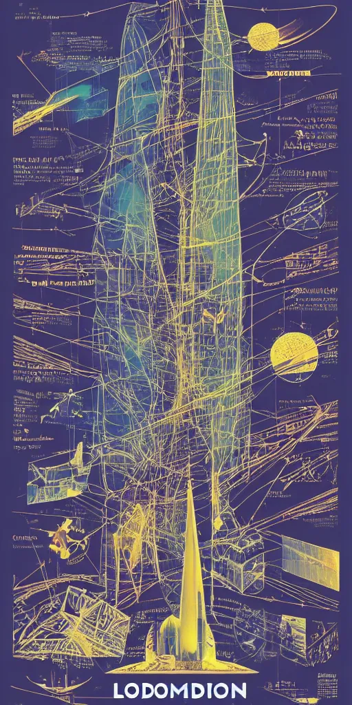 Prompt: vintage color photo of cosmic London broken physics skyrise vista, microscopy, singularity, f22, ISO 100, isometric, infographic, poster