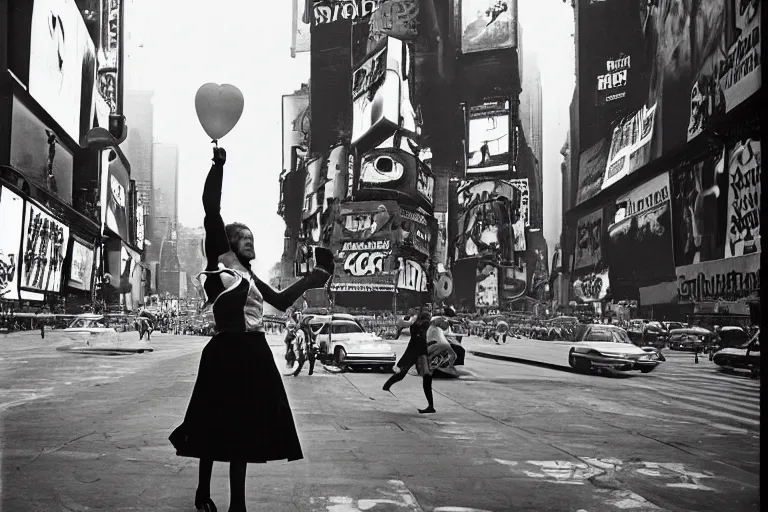 Image similar to an intricate, awe inspiring cyberpunk photograph of a girl with balloon, Times Square, by Ansel Adams ((black and white))