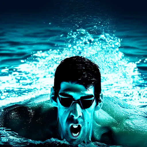 Image similar to michael phelps swimming in the pacific ocean, closeup, portrait, moonlit, dark, ominous, illustration, volumetric light, highly detailed