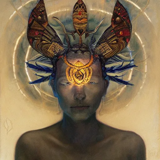 Prompt: the moth crown, by Annie Swynnerton and Nicholas Roerich, bioluminescent skin, tattoos, elaborate costume, geometric ornament, symbolist, smooth, sharp focus, extremely detailed, octane render