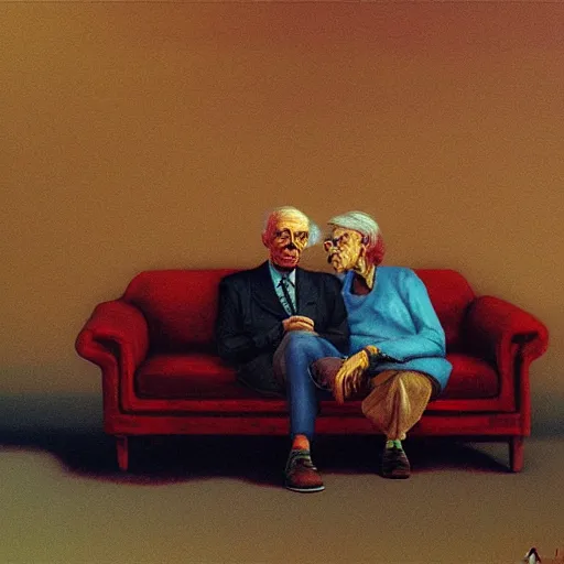 Prompt: highly detailed photo of a very old couple sitting on a couch, psx game graphics , Beksinski painting, part by Adrian Ghenie