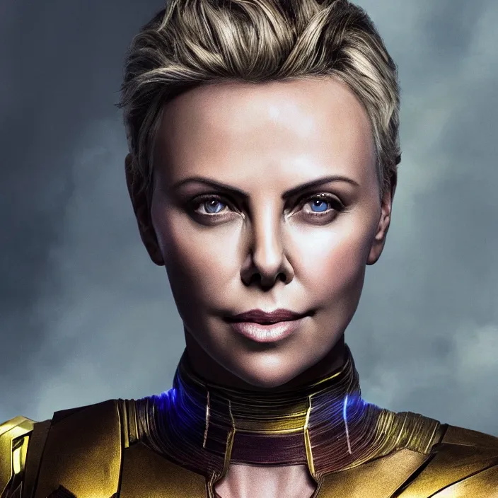 Image similar to portrait of Charlize Theron, wearing The Infinity Gauntlet. intricate artwork. octane render, trending on artstation, very coherent symmetrical artwork. avengers. thanos. cinematic, hyper realism, high detail, octane render, 8k, iridescent accents