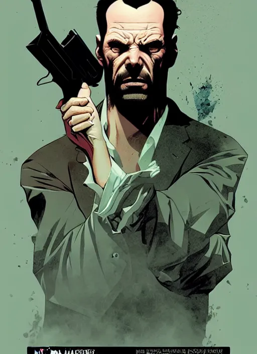 Image similar to poster artwork by Michael Whelan and Tomer Hanuka, a portrait of Max Payne dying from gunshot wounds, clean