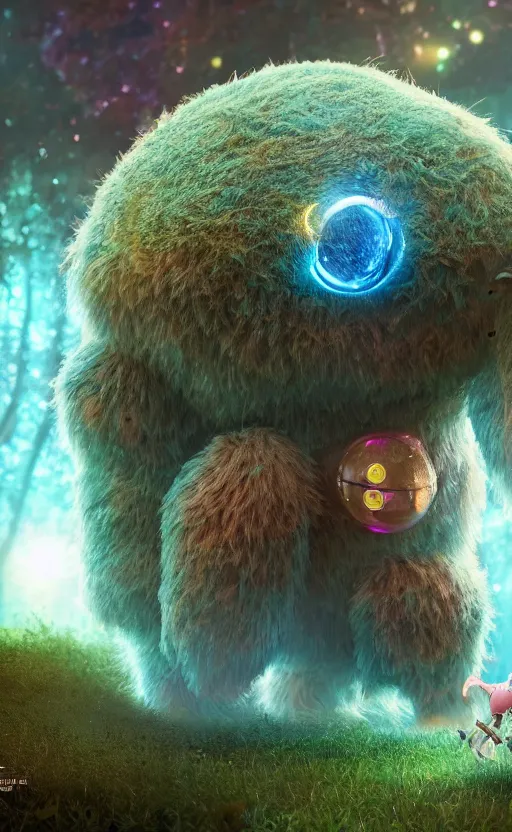 Image similar to microscopic tardigrades, magical forest, water bear, robots, electric, furry, soft, concept art, intricate details, highly detailed, photorealistic, disney pixar, octane render, iridescent, anime, 8 k