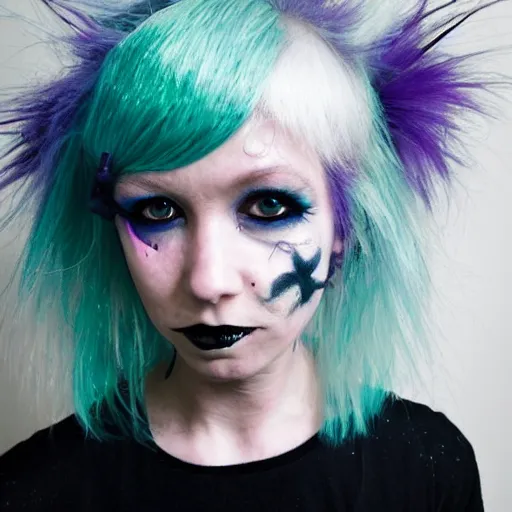 Prompt: punk ; goblin, girl, fairycore, cottagecore, white hair, teal skin, eco goth, solar punk, pericings - n 5