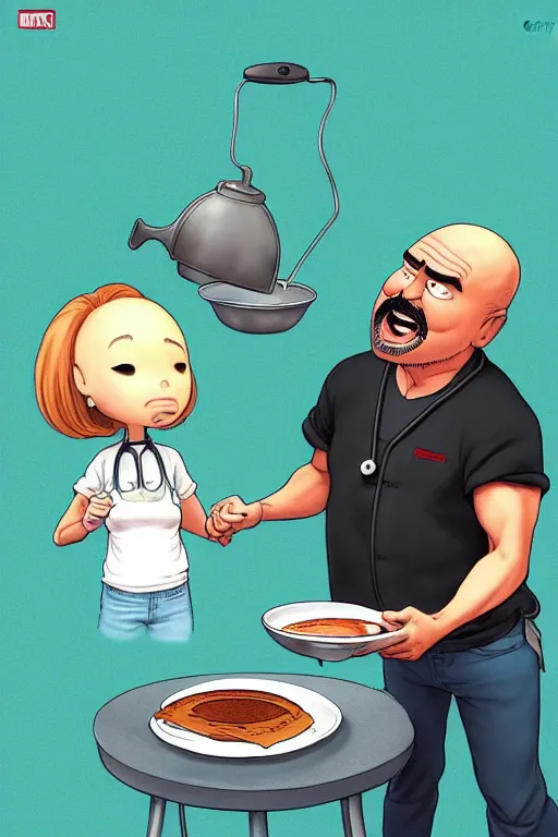 Image similar to dr phil making pancakes, animation pixar style, by pendleton ward, magali villeneuve, artgerm, rob rey and kentaro miura style, golden ratio, trending on art station