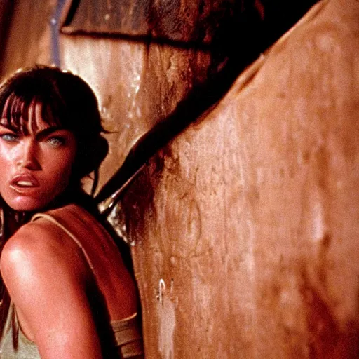 Image similar to film still of Megan Fox being held against a wall by a predator in the movie Alien.