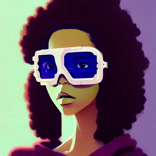 Image similar to Beautiful woman wearing opaque goggles profile picture by Greg Rutkowski, brown skin, long afro hair, asymmetrical, studio ghibli, Organic Painting , Matte Painting, geometric shapes, hard edges, street art, trending on the artstation, fantasy LUT, realistic by Sachin Teng,