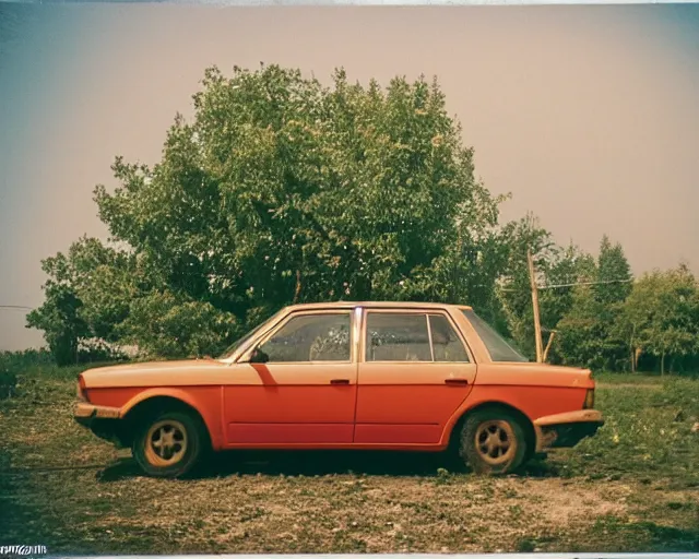 Image similar to a lomographic photo of old lada 2 1 0 7 standing in typical soviet yard in small town, hrushevka on background, cinestill, bokeh