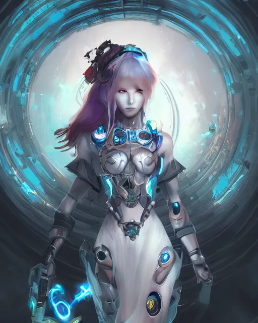 Image similar to holy cyborg necromancer girl, elegant, scifi, futuristic, utopia, garden, illustration, atmosphere, top lighting, blue eyes, white hair, focused, artstation, highly detailed, art by yuhong ding and chengwei pan and serafleur and ina wong