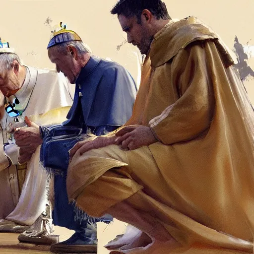 Image similar to king kneeling, pope standing in front of him, detailed by greg manchess, craig mullins, bernie fuchs, walter everett