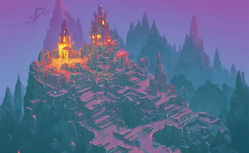 Prompt: old tiny magic castle on a hill, james gilleard, moebius, print, game art