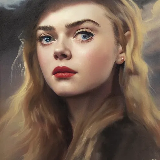 Prompt: ultra realistic portrait painting of elle fanning, lily collins, scarlett johansson, as an outlaw, art by frank frazetta, vintage levi ’ s ad, stormy weather, dark vibes, 4 k, ultra realistic, highly detailed, epic lighting