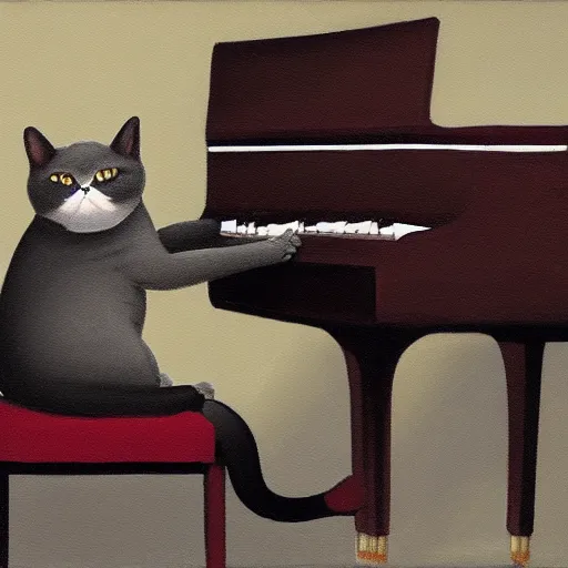 Prompt: grey british shorthair cat playing the piano, detailed painting in the style of ralph mcquarrie 4 k