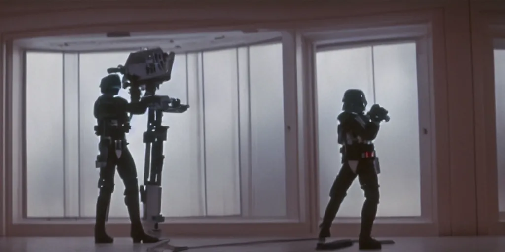 Image similar to a still from a film of a naval officer standing, back turned, in front of a large window with a live action Star Wars space battle, 35mm, directed by George Lucas, miniatures, ILM