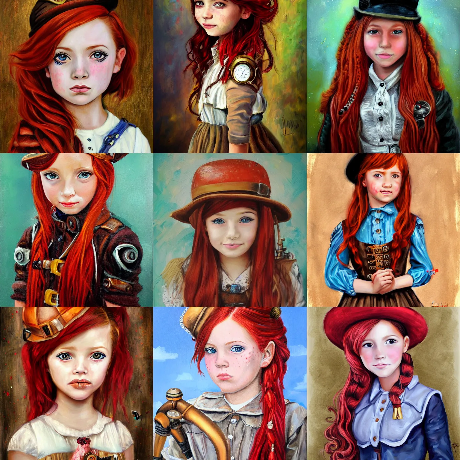 Prompt: painting of a ten year old girl in steampunk fashion by lilia alvarado, steampunk, red hair, freckles